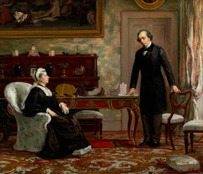 Pokój z honorem - królowa Wiktoria (1819-1901) z Benjaminem Disraeli (1804-81) po podpisaniu traktatu berlińskiego w 1878 roku